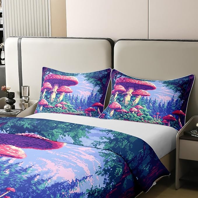Twin Size Duvet Cover Trippy Mushroom 100% Pure Cotton Bedding Set Pixelated Video Games Bedding Set (No Filler) Nature Wild Plants Comforter Cover for Room Decor 2 PCS