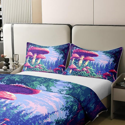 100% Cotton Trippy Mushroom Bedding Set King Pixelated Video Games Duvet Cover for Bedroom Decor Nature Wild Plants Comforter Cover (Not Comforter),3 Pcs