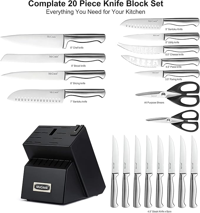 McCook® Knife Sets,German Stainless Steel Kitchen Knives Block Set with Built-in Sharpener, 20 Piece Razor-Sharp Kitchen Knives, Anti-Rust, Ergonomic Design, Elegant Box for Gift