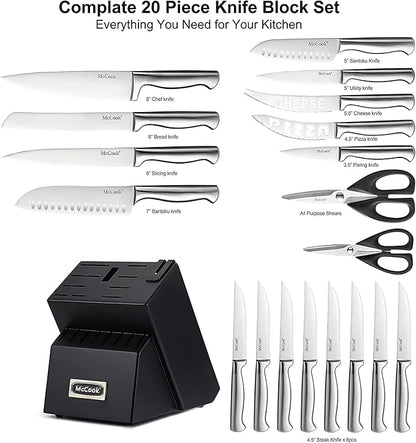 McCook® Knife Sets,German Stainless Steel Kitchen Knives Block Set with Built-in Sharpener, 20 Piece Razor-Sharp Kitchen Knives, Anti-Rust, Ergonomic Design, Elegant Box for Gift