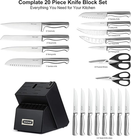 McCook® Knife Sets,German Stainless Steel Kitchen Knives Block Set with Built-in Sharpener, 20 Piece Razor-Sharp Kitchen Knives, Anti-Rust, Ergonomic Design, Elegant Box for Gift
