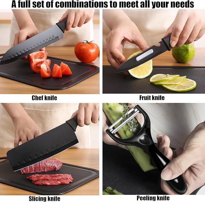 Magicorange 7-Piece Kitchen Knife Set - 5 Black Stainless Steel Knives with Sheaths, Cutting Board, and a Knife Block- Stainless Steel Kitchen Knives with PP Ergonomic Handle (Matte Black)