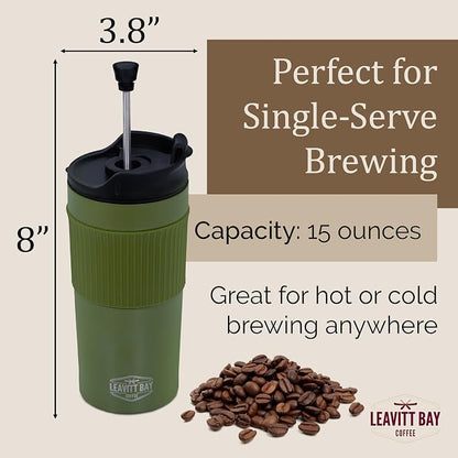 Portable French Press Travel Mug – Insulated Stainless Steel French Press Mug for Hot or Cold Brew – Durable Travel Coffee Maker – On-the-Go Tea & Coffee Maker (Army Green)