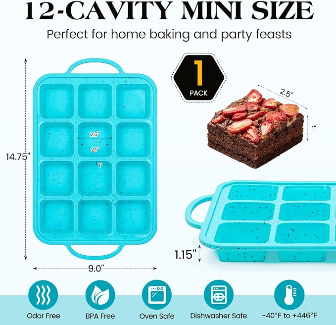 Vinino Silicone Brownie Pan with Dividers, 1 Pack Mini Loaf Pan for Baking Individual, Nonstick 12 Cups Square Muffin Cupcake Pans with Metal Reinforced Frame-Aqua Blue