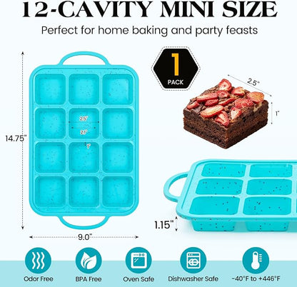 Vinino Silicone Brownie Pan with Dividers, 1 Pack Mini Loaf Pan for Baking Individual, Nonstick 12 Cups Square Muffin Cupcake Pans with Metal Reinforced Frame-Aqua Blue