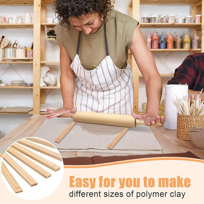 Newtay 12 Pcs Pottery Tools Include 1 Wood Rolling Pin Sculpting Polymer Clay Tools 1 Portable Pottery Wedging Board/Linen Tablecloth and 10 Pcs 5 Size Teaching Rolling Mud Stick Guide (Tablecloth)