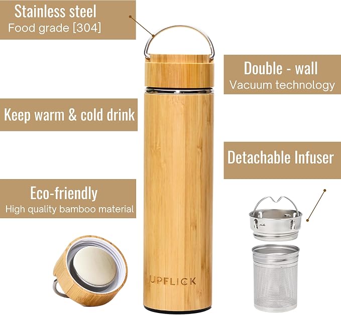 Bamboo Water Bottle Tea Tumbler 15 oz Set of 25 pcs Wide Mouth Leak Proof Insulated Double Wall
