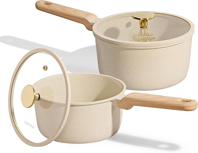 CAROTE 1.5Qt & 2.5Qt Sauce Pan Sets with Lid Ceramic Nonstick Pot Set Non Toxic Saucepan with Stay-cool Handle Small Kitchen Cooking Pots, Easy to Clean, Induction Comptable, PFOA FREE