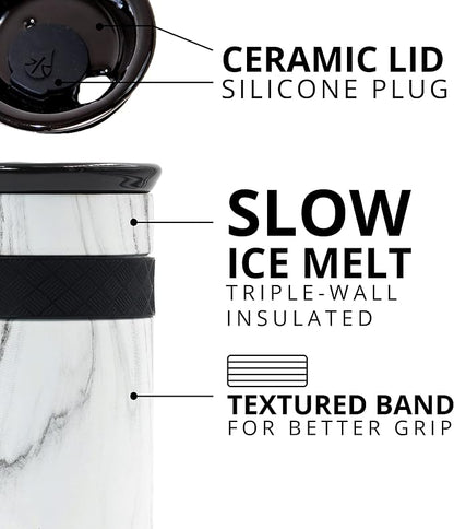 Elemental Artisan Insulated Tumbler, Triple Wall Coffee Travel Mug, Reusable Stainless Steel Coffee Tumbler with Ceramic Lid, Thermal Coffee Cups for Hot (6 Hrs) & Cold (18 Hrs), 12oz - White Marble