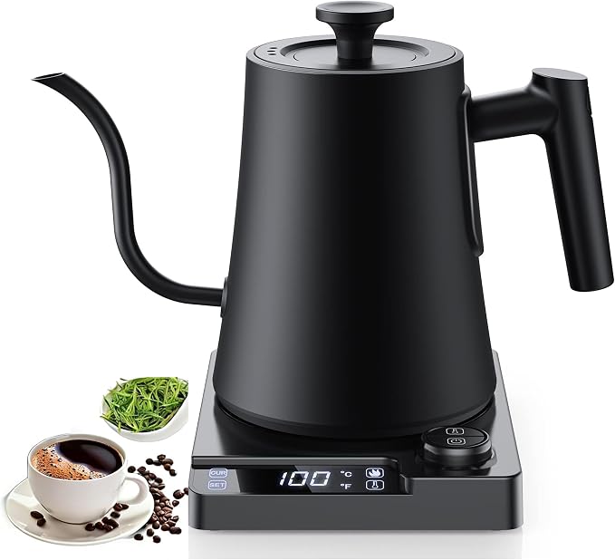 Gooseneck Electric Kettle with ±1℉ Temperature Control & Keep Warm for Pour Over Coffee & Tea, Rapid Boil, 304 Stainless Steel, Built-in Brew Timer, 1200W 1.0L