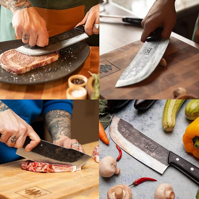 COOLINA Daozi 8" Butcher Knife, Hand-Forged High-Carbon Steel Cleaver for Heavy-Duty Meat Cutting, Slicing, Chopping, Brisket & BBQ, Full-Tang Forged Blade with Ergonomic Wood Handle