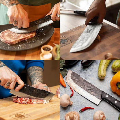COOLINA Daozi 8" Butcher Knife, Hand-Forged High-Carbon Steel Cleaver for Heavy-Duty Meat Cutting, Slicing, Chopping, Brisket & BBQ, Full-Tang Forged Blade with Ergonomic Wood Handle
