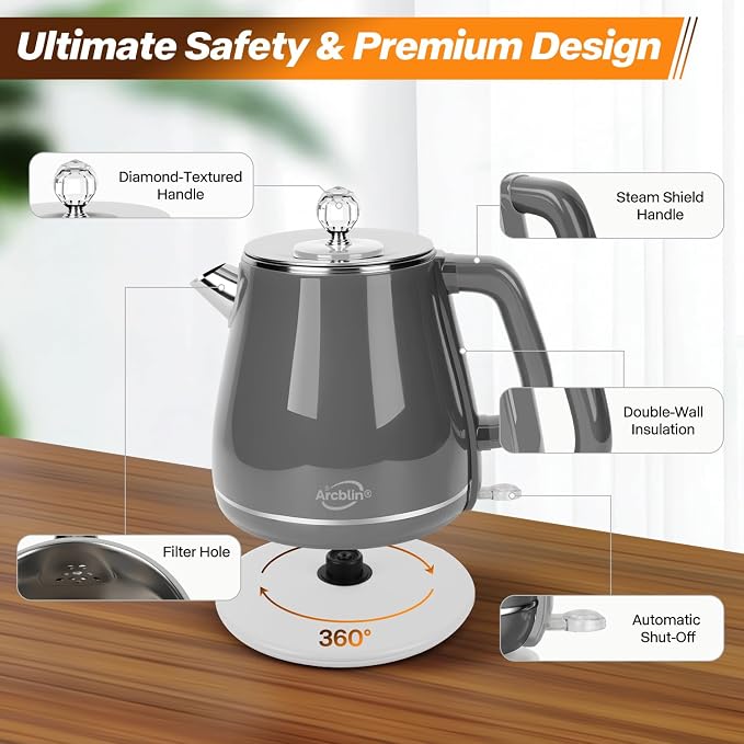 Retro Electric Kettle 1.8L, All Stainless Steel Hot Water Electric Kettle for Boiling Water, BPA Free Tea Kettle, 1350W Fast Boil, Auto Shut Off & Boil-Dry Protection