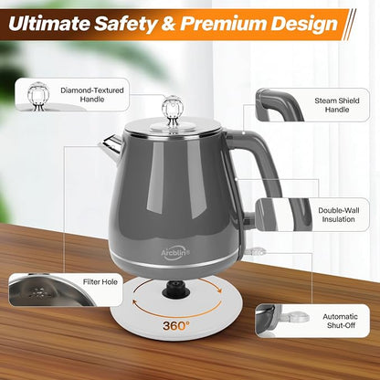 Retro Electric Kettle 1.8L, All Stainless Steel Hot Water Electric Kettle for Boiling Water, BPA Free Tea Kettle, 1350W Fast Boil, Auto Shut Off & Boil-Dry Protection