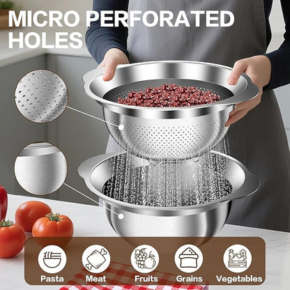 Stainless Steel Strainer with Mixing Bowl, Rice Washer, Colander for Kitchen, Rice Strainer, Fruit and Vegetable Wash, Microporous Colander, Fruit Cleaner Bowl, Dishwasher Safe