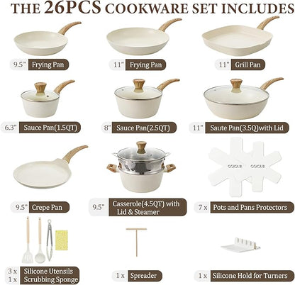 26Pcs Pots and Pans Nonstick Ceramic Cookware Set Nontoxic Kitchen Cooking Set with Steamers Utensils Induction Compatible, PFAS/PFOA Free, Oven and Dishwasher Safe, Cream White