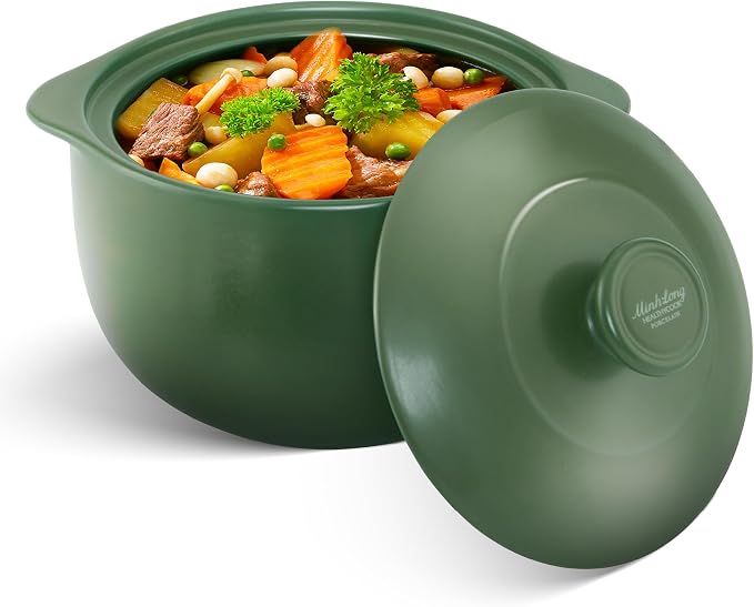 MINH LONG 3-Qt Porcelain Dutch Oven with Lid – Lead & Cadmium Free, Oven Safe to 482°F, Heat Retention, Clay Pot for Cooking on Gas & Infrared Cooktop, Use to Marinate, Cook, Bake, Refrigerate & Serve