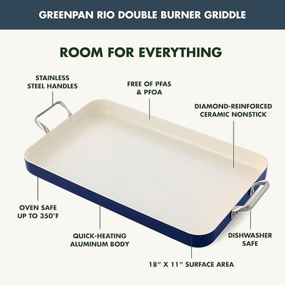 GreenPan 18" x 11" Double Burner Griddle Pan, Hard Anodized Healthy Ceramic Nonstick PFAS-Free, Stainless Steel Handles, Stovetop Cooking, Dishwasher Safe, Oven & Broiler Safe Cookware, Oxford Blue