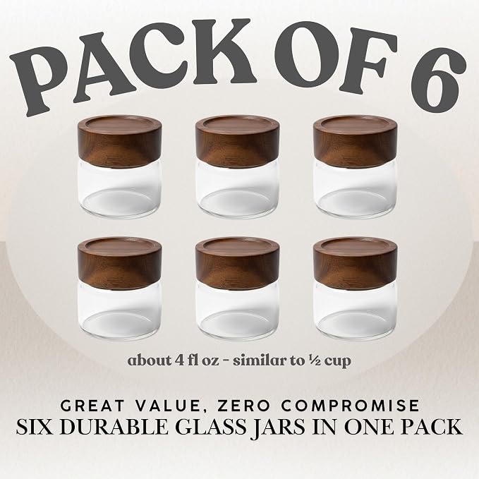 Wide Mouth Glass Storage Jars With 2.5" Acacia Wood Lids - 6 Pack of 4 Oz Food Storage Containers - Borosilicate Glass Canisters Sets For Kitchen - Pantry Organizers and Storage for Rice Coffee Beans