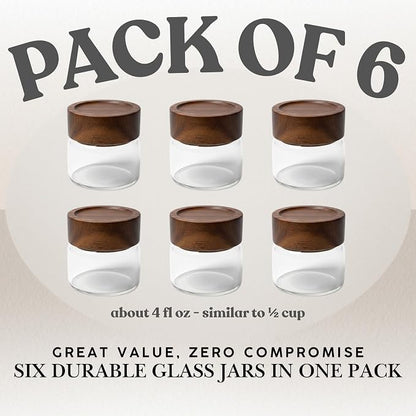 Wide Mouth Glass Storage Jars With 2.5" Acacia Wood Lids - 6 Pack of 4 Oz Food Storage Containers - Borosilicate Glass Canisters Sets For Kitchen - Pantry Organizers and Storage for Rice Coffee Beans