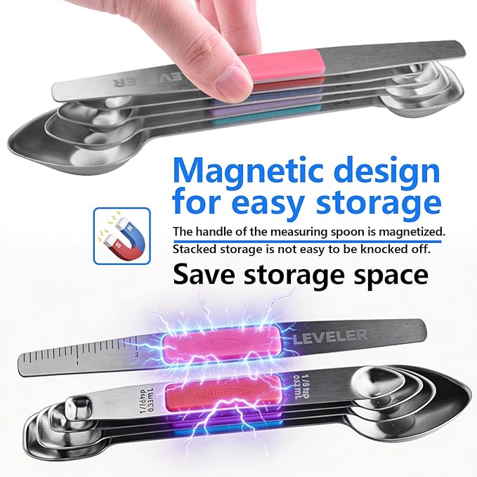 Stainless Steel Magnetic Measuring Spoons Set, Heavy Duty Metal Kitchen Gadgets for Baking & Cooking, Fits in Most Kitchen Spice Jars, Set of 4 with Leveler (Multicolor)