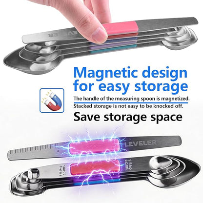 Stainless Steel Magnetic Measuring Spoons Set, Heavy Duty Metal Kitchen Gadgets for Baking & Cooking, Fits in Most Kitchen Spice Jars, Set of 4 with Leveler (Multicolor)