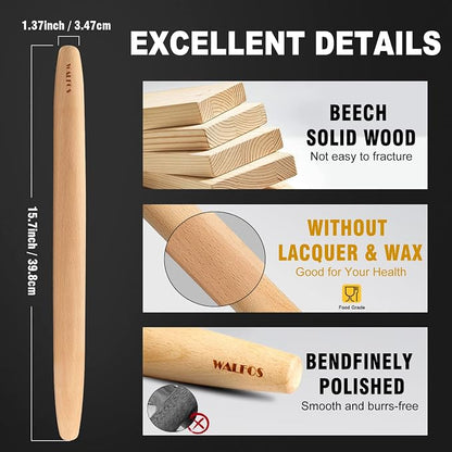 WALFOS French Rolling Pin and Silicone Baking Mat Set, Non-Stick Beech Wood Rolling Pin 15.7 Inch and Pastry Mat for Best Pie Crust, Cookie, Pasta and Pizza Dough