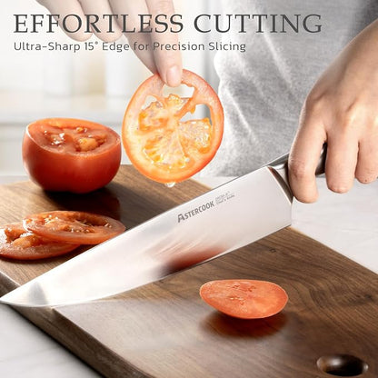 Astercook Knife Set, Kitchen Knives Set with Block and Sharpener Full Tang 15 Pcs Stainless Steel Knives, Dishwasher Safe Knife Set with Anti-slip Ergonomic Handle, Black, Fathers Day Gift for Men