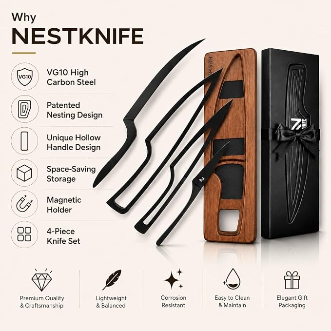 NestKnife Magnetic Kitchen Knife Set - 4 Piece VG10 High Carbon Stainless Steel Kitchen Knives with Patented Space-Saving Nesting Design & Magnetic Block - Ultra Sharp Professional Chef Knife Set
