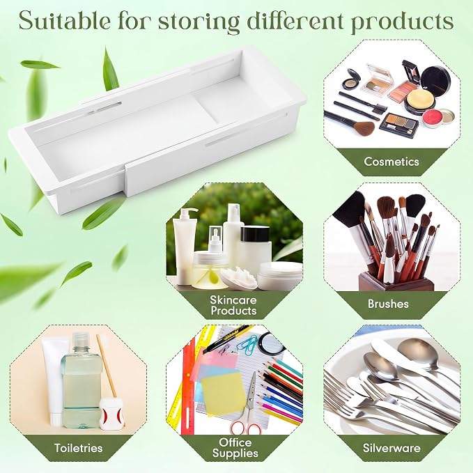 LemonRoad 1 Pcs Sliding Drawer Organizer 12.4-17.7 Inch Bin Bamboo Drawer Expandable Bins Utensil Organizer for Kitchen Spoons Forks Knives (White)