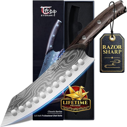 SYOKAMI Japanese Kitchen Knife, 8.2 Inch Chef Knife, Carbon Steel Kiritsuke, Razor Sharp Santoku for Precision Cutting, Damascus Pattern, Full Tang Wood Handle, Housewarming Cooking Gifts