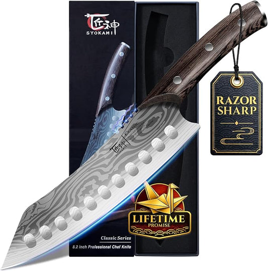 SYOKAMI Japanese Kitchen Knife, 8.2 Inch Chef Knife, Carbon Steel Kiritsuke, Razor Sharp Santoku for Precision Cutting, Damascus Pattern, Full Tang Wood Handle, Housewarming Cooking Gifts