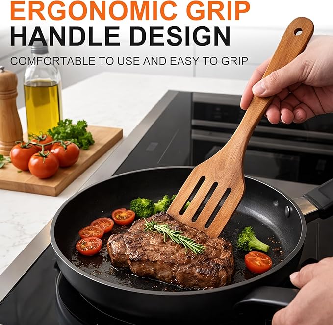 7 Pcs Acacia Wood Cooking Utensils Set Large Wooden Spoons for Cooking Spatula Salad Mixing Spoon Non Toxic Utensil for Kitchen Use Spatulas Non Stick Turner Slotted Serving Spoon Kitchen Utensils