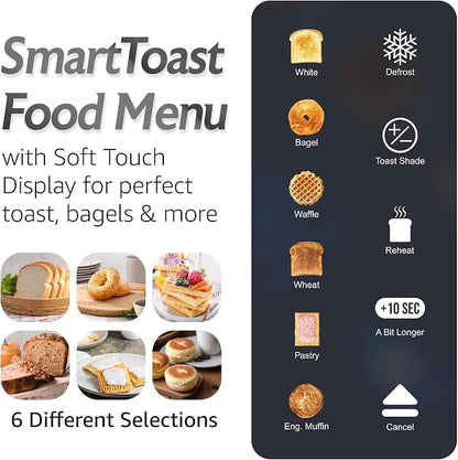 Elite Gourmet ECT5924D SmartToast Digital Long Slot 4 Slice Toaster, 1370W Even Heat, Extra Wide 1.5" Slots for Bagels & Texas Toast, Touch Screen, 6 Shades, 6 Bread Types, Defrost, Reheat, Steel
