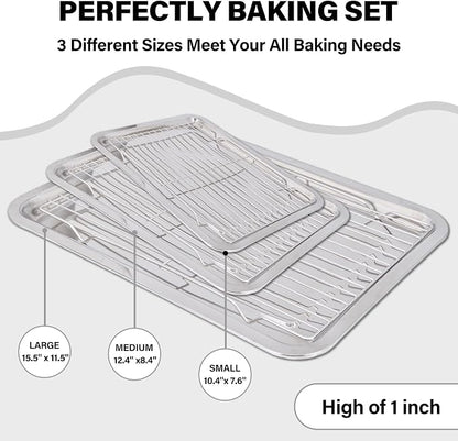 Baking Sheet with Cooling Rack Set, 3 Stainless Steel Baking Pan Cookie Sheet with 3 Cooling Rack, 9/12/16 Inch Cookie Tray Pans for Baking, Non Toxic & Easy Clean