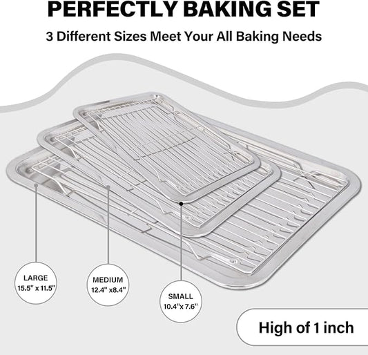 Baking Sheet with Cooling Rack Set, 3 Stainless Steel Baking Pan Cookie Sheet with 3 Cooling Rack, 9/12/16 Inch Cookie Tray Pans for Baking, Non Toxic & Easy Clean