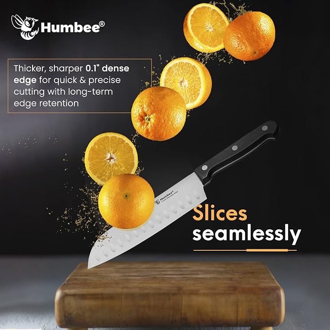 7-Inch Chef Knife Santoku – Full Tang Razor-Sharp High Carbon Stainless Steel Blade – Hollow Grind Edge – Ergonomic Grip Handle – Professional Kitchen Knife, Black