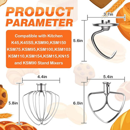 3 Pack Stainless Steel Mixer Attachments Set for KitchenAid 4.5-5 Quart Tilt-Head Stand Mixers, Replacement Parts Kit with K45DH Dough Hook, K45B Coated Flat Beater, K45WW Wire Whip, Dishwasher Safe