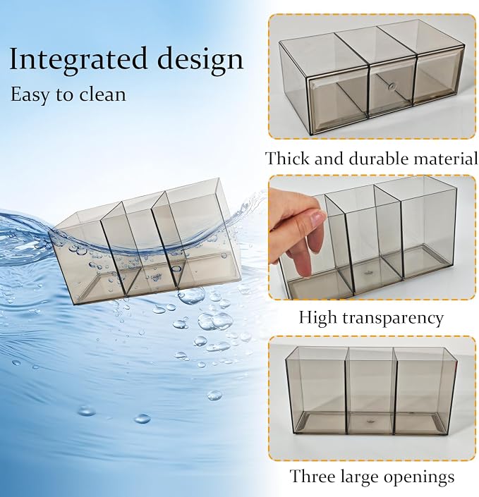 Acrylic Cutlery Organizer, 3-Sectio Clear Plastic Utensil Storage Caddy for Kitchen Countertop, Holds Forks, Knives & Spoons (Transparent gray, 7.1 * 2.6 * 3.5In)