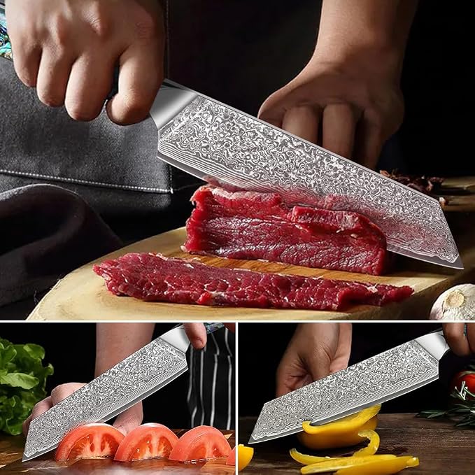 Home Safety Damascus Kiritsuke Knife with Sharp 20cm Blade Made of 67 Layers of VG-10 Damascus Steel Kitchen Knifves Damascus Carving Knife, Abalone Shell Handle, Gift Box