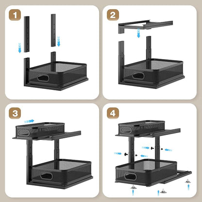 1 Pack 15IN-Depth Under Sink Organizer with Next-Gen Ball-Bearing Slides,2-Tier Precision Mesh Pull Out Cabinet Storage for Bathroom&Kitchen,Height Adjustable Drawers Shelf,Anti-Rust-Black