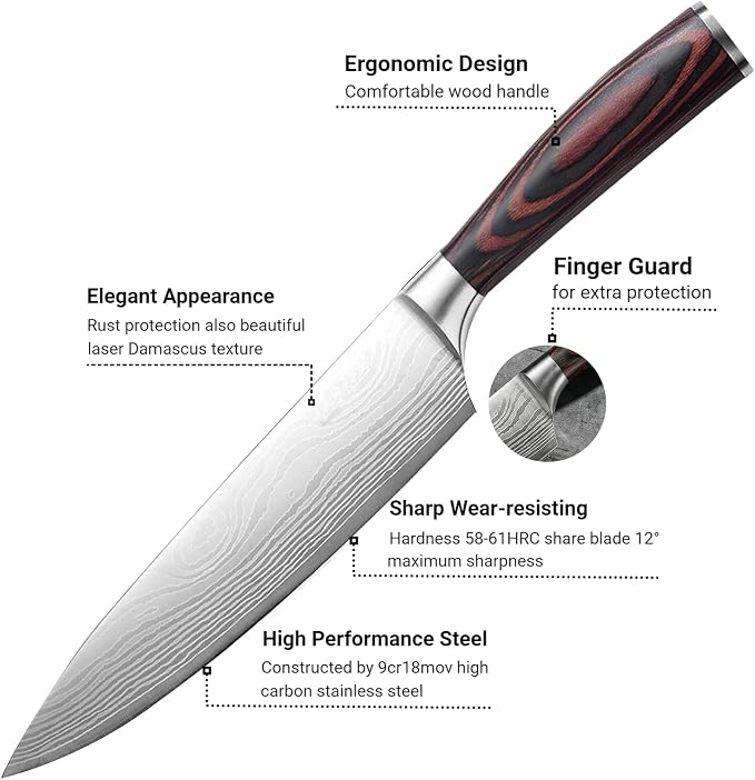 Chef Knife 8 inch,High Carbon Stainless Steel Kitchen Knife, Non-slip Ultra Sharp Cooking Knives with Ergonomic Handle and Gift Box, Kitchen Gadgets, Best Gifts for Family and Friends