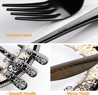 40-Piece Black Skull Silverware Set for 8, Flatware Set Stainless Steel Spoons,Forks,Knife Pattern Unique Design Utensil Sets Tableware Cutlery, Mirror Polished, Dishwasher Safe