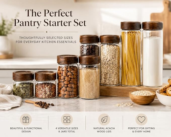 Sixhaven Wide Mouth Glass Storage Jars With 2.5" Acacia Wood Lids - Starter Pantry Set - 8 Jars - 4 Sizes - Food Storage Containers - Pantry Organizers and Storage (8, Transparent, Starter Pantry Set)