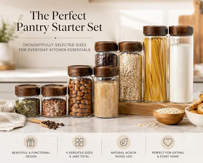Sixhaven Wide Mouth Glass Storage Jars With 2.5" Acacia Wood Lids - Starter Pantry Set - 8 Jars - 4 Sizes - Food Storage Containers - Pantry Organizers and Storage (8, Transparent, Starter Pantry Set)