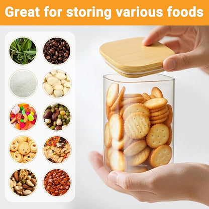 Glass Storage Jars with Lids, 19 Fl.oz Square Glass Jars with Bamboo Lids Set of 4, Clear Sugar Coffee Container Kitchen Canister for Tea, Candy, Flour,Nuts - Included Labels, Marker and Spoon