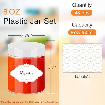 PeacePeo 8 OZ Plastic Jars, 48 Pcs Clear Plastic Jars with Lids Stackable Leakproof Storage Containers Jar Clear Empty Slime Containers with White Lids for Kitchen and Household Food Storage