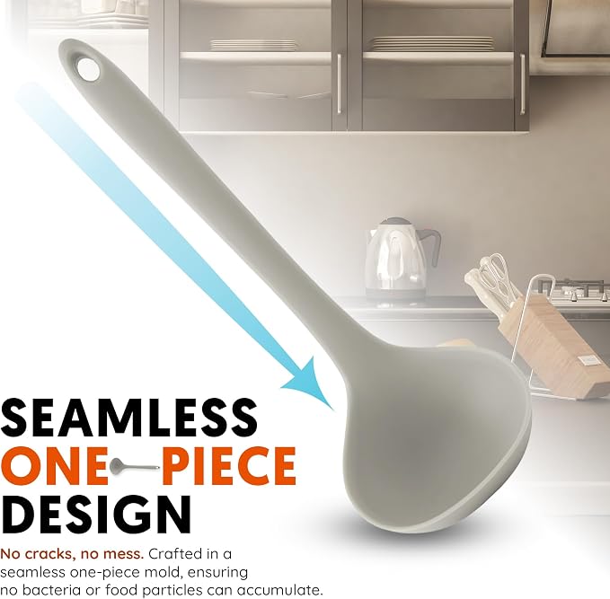 Platinum Silicone Cooking Ladle for Baking, Scraping & Mixing, 100% Food Grade Colorful Silicone Kitchen & Serving Utensils, Heat Resistant, Non-Stick Cookware - 8.6 inch Warm Gray