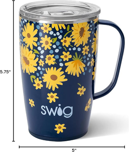 Swig Life 18oz Travel Mug, Insulated Tumbler with Handle and Lid, Cup Holder Friendly, Dishwasher Safe, Stainless Steel, Travel Coffee Cup (Lazy Daisy)