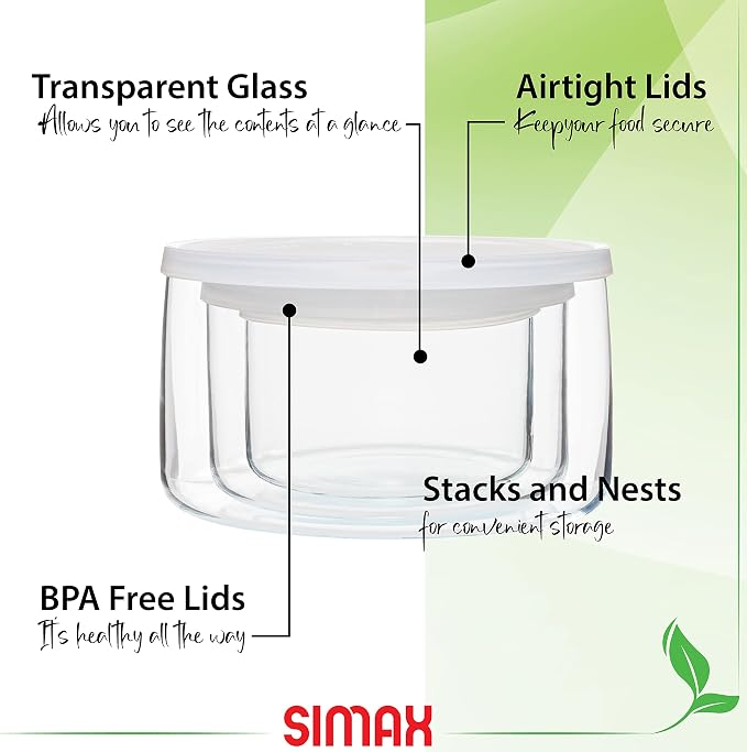 Simax Round Glass Containers With Lids: Airtight Borosilicate Meal Prep Containers 3 Pcs